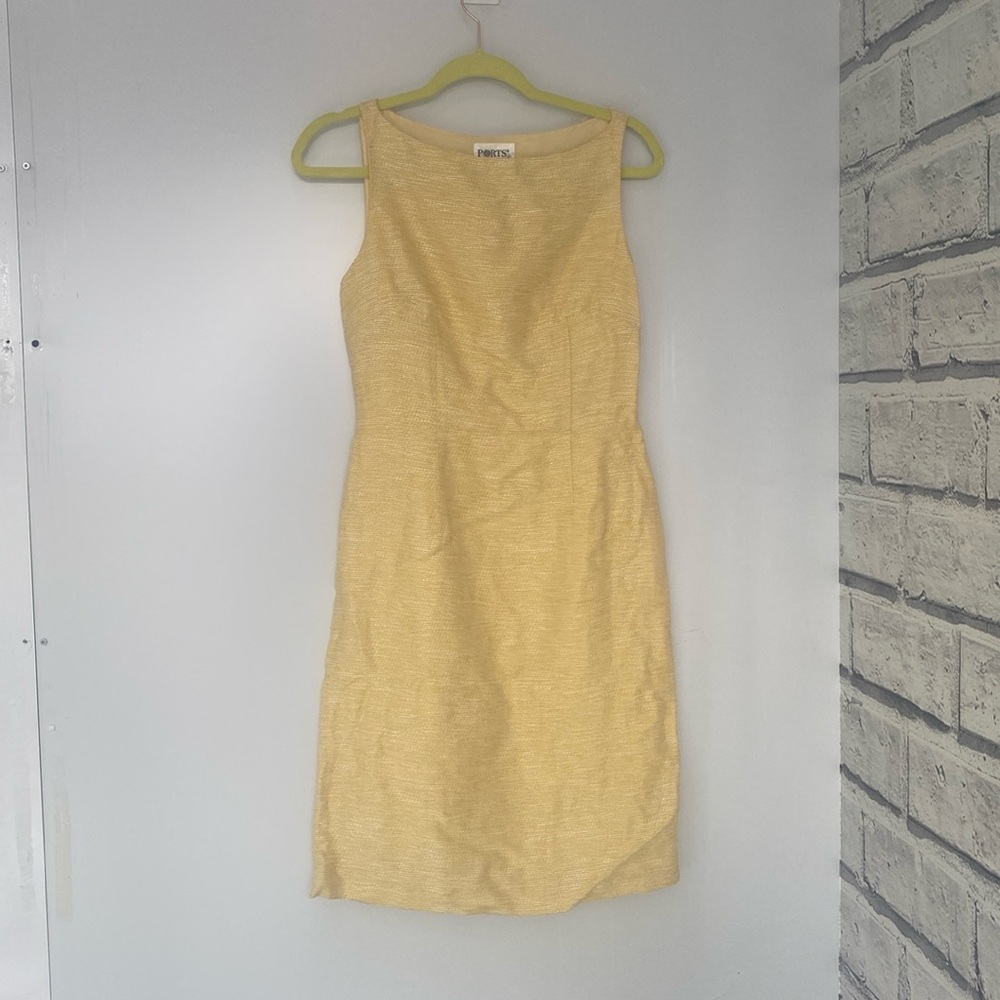 Boat neck, sleeveless light yellow tweed dress. Ports international midi dress